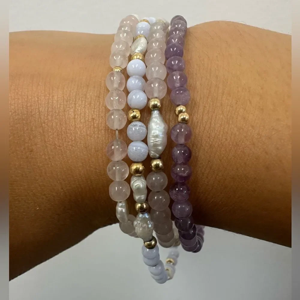 Vintage 14k Yellow Gold Pearl Rose Quartz Bead Ball Bracelet 7